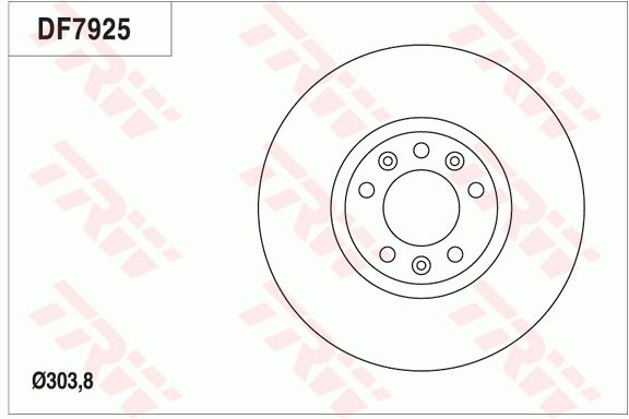 雪铁龙 C5 2010款 3.0L 自动旗舰型(10FJ5P XFV PSA) TRW DF7925 前刹车盘 制动盘类型:通风盘;直径（毫米）:303,8;制动盘厚度（毫米）:28;最小厚度（毫米）:26;孔的数量1:5;孔所在圆周直径（毫米）:108;高度（毫米）:48,1;定心直径（毫米）:71;螺纹尺寸:13.3;EAN编码:3322938101435 