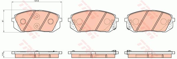 东南 DX7 2018款 Prime 1.5T 自动尊贵型 国V(4A91T) TRW GDB3530 前刹车片 特定生产商:MANDO;长度（毫米）:137,8;高度（毫米）:61,0;厚度（毫米）:17,6;磨损报警触点:带磨损音频报警;检测记号:E9 90R - 01107/2232;EAN编码:3322938142315;开槽:有;消音片:2 + 2 + 2 (独立的);弹簧:2 