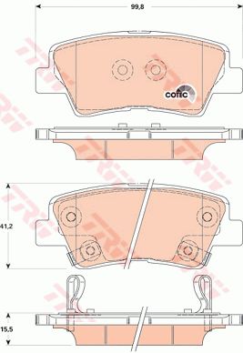 双龙 蒂维拉 2015款 1.6L 自动两驱致尚版(173 910) TRW GDB3494 后刹车片 特定生产商:AKEBONO;长度（毫米）:99,8;高度（毫米）:41,2;厚度（毫米）:15,5;磨损报警触点:带磨损音频报警;检测记号:E9 90R - 01120/2689;EAN编码:3322937995332;替换的文章:GDB3495;倒角:有;消音片:2 + 2 + 2 (独立的);弹簧:2 