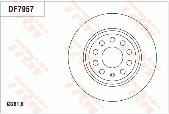 大众 夏朗 2016款 380TSI 暖心红限量版(DED) TRW DF7957 后刹车盘 制动盘类型:实心盘;直径（毫米）:281,8;制动盘厚度（毫米）:12;最小厚度（毫米）:10;孔的数量1:9;孔所在圆周直径（毫米）:112;高度（毫米）:48,3;螺纹尺寸:15.3;定心直径（毫米）:65;EAN编码:3322938123628;替换的文章:DF4558 