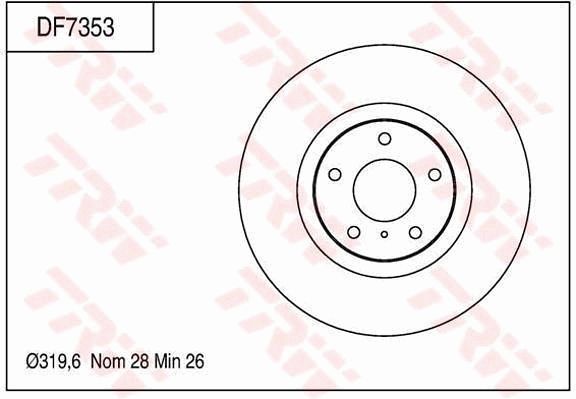 英菲尼迪 FX 2013款 FX37 超越升级版(VQ37VHR) TRW DF7353 前刹车盘 制动盘类型:通风盘;制动盘厚度（毫米）:28;直径（毫米）:319,6;孔所在圆周直径（毫米）:114,3;孔的数量1:5;最小厚度（毫米）:26;定心直径（毫米）:68;高度（毫米）:49,2;螺纹尺寸:12.8;EAN编码:3322937547951;替换的文章:DF7640 