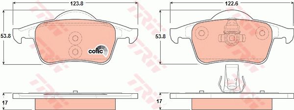 沃尔沃 S60 2001款 2.3T 手自一体 T5 TRW GDB1389 后刹车片 特定生产商:ATE;磨损报警触点:不适用于装备了磨损报警指示器的车辆;检测记号:E1 90R - 01025/525;高度（毫米）:53,8;长度1（毫米）:123,8;厚度（毫米）:17;注意技术数据:;长度2（毫米）:122,6;EAN编码:3322937245017;消音片:2 + 2;弹簧:2 