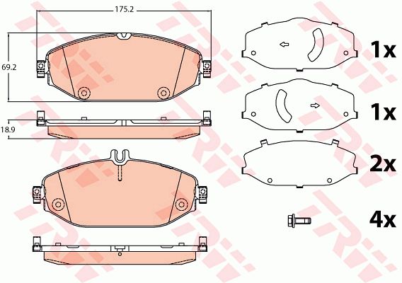 奔驰 E级 2018款 E 300 L 时尚型(274920) TRW GDB2097 前刹车片 特定生产商:TRW;长度（毫米）:175,2;高度1 （毫米）:69,2;高度2（毫米）:78,0;厚度（毫米）:18,9;磨损报警触点:用于已装配磨损报警指示器的;填充件/补充信息2:带制动钳螺栓;补充件/补充信息:带附件;检测记号:E990R-02A0107/4269;EAN编码:3322938297978;倒角:有;消音片:2 (独立的) + 1 (独立的) + 1 (独立的);弹簧:8;螺栓:4 (独立的) 