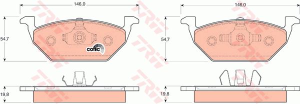 一汽 R9 2018款 1.2T 手动尊贵智悦型(CA4GA12TD) TRW GDB1357 前刹车片 特定生产商:ATE;长度（毫米）:146;高度（毫米）:54,7;厚度（毫米）:19,8;磨损报警触点:不适用于装备了磨损报警指示器的车辆;检测记号:E9 90R 027004;EAN编码:3322937242405;消音片:4;弹簧:2 + 2 