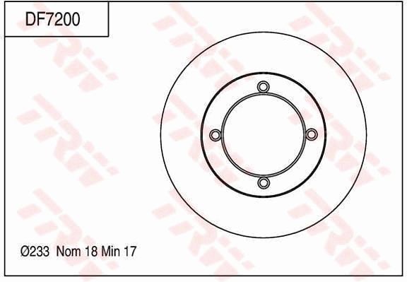 一汽 森雅S80 2014款 1.5L 手动5座运动舒适B版(3SZ-VE4) TRW DF7200 前刹车盘 制动盘类型:实心盘;直径（毫米）:233;制动盘厚度（毫米）:18;最小厚度（毫米）:17;定心直径（毫米）:91;高度（毫米）:29,7;孔的数量1:4;螺纹尺寸:M10X1.25;孔所在圆周直径（毫米）:108;EAN编码:3322937401673 