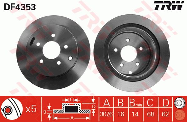 英菲尼迪 FX 2013款 FX37 超越升级版(VQ37VHR) TRW DF4353 后刹车盘 孔所在圆周直径（毫米）:114,3;制动盘类型:通风盘;直径（毫米）:308;制动盘厚度（毫米）:16;孔的数量1:5;最小厚度（毫米）:14;颜色:黑色;表面:已油漆的;螺纹尺寸:12.81;EAN编码:3322937402540;替换的文章:DF7397 