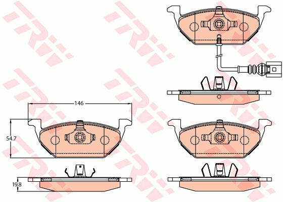 一汽 R9 2018款 1.2T 手动尊贵智悦型(CA4GA12TD) TRW GDB2108 前刹车片 特定生产商:ATE;长度（毫米）:146;高度（毫米）:54,7;厚度（毫米）:19,8;磨损报警触点:包括磨损报警触点;【每根车桥]磨损显示器的数量:1;报警接触长度（毫米）:155;制动片:带倒角边;检测记号:E990R-02.7004;EAN编码:3322938318017;倒角:有;消音片:4;弹簧:2 + 2;磨损传感器:1 
