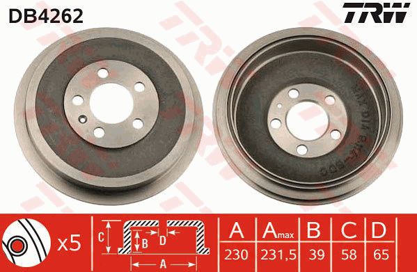 大众 桑塔纳 2015款 1.6L 自动豪华版(CPD) TRW DB4262 后刹车盘 制动鼓直径:230;最大制动鼓镗孔直径（毫米）:231,5;Br.Tr.内部高度（毫米）:39;孔的数量1:5;孔所在圆周直径（毫米）:100;EAN编码:3322937279807 