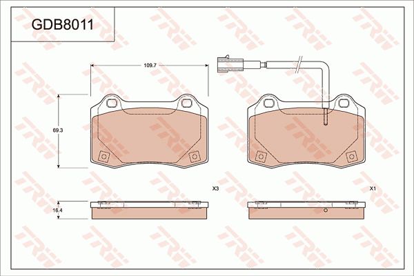 凯迪拉克 STS 2005款 3.6 TRW GDB8011 后刹车片 长度（毫米）:109,7;厚度（毫米）:16,4;高度（毫米）:69,3;EAN编码:3322938330439 