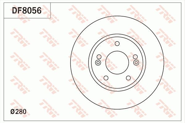 现代 Veloster飞思 2011款 1.6L 自动尊享版(G4FD) TRW DF8056 前刹车盘 制动盘类型:通风盘;制动盘厚度（毫米）:23;最小厚度（毫米）:21;直径（毫米）:280;孔所在圆周直径（毫米）:114,3;孔的数量1:5;定心直径（毫米）:69;高度（毫米）:44,3;螺纹尺寸:12.7;EAN编码:3322938174767 