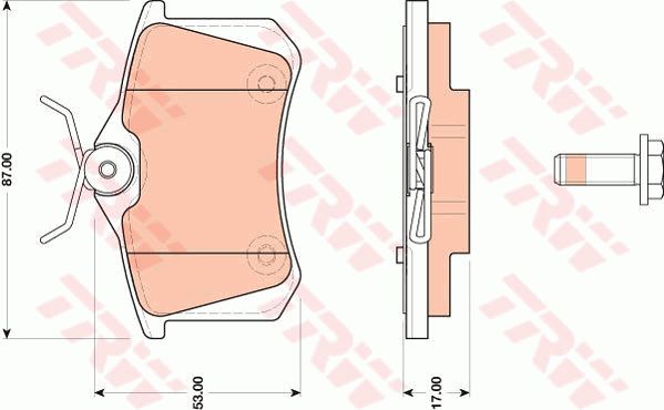 奥迪 A4(进口) 2004款 1.8T AMT quattro(163hp)(BFB) TRW GDB1813 后刹车片 特定生产商:TRW;长度（毫米）:87,0;高度（毫米）:53,0;厚度（毫米）:17,0;磨损报警触点:不适用于装备了磨损报警指示器的车辆;填充件/补充信息2:带制动钳螺栓;补充件/补充信息:带附件;检测记号:E9 90R - 01120/2575;EAN编码:3322937954964;倒角:有;消音片:4;弹簧:4 + 4 (独立的);螺栓:4 (独立的) 