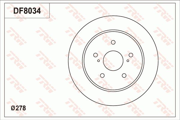 铃木 天语 SX4 2011款 两厢 1.6L 自动灵动型(M16A4) TRW DF8034 后刹车盘 制动盘类型:实心盘;制动盘厚度（毫米）:9;直径（毫米）:278;孔所在圆周直径（毫米）:114,3;孔的数量1:5;定心直径（毫米）:62;高度（毫米）:43,4;螺纹尺寸:12.7;最小厚度（毫米）:8;EAN编码:3322938142155 