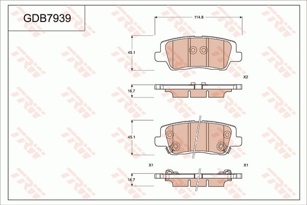 凯迪拉克 CTS(进口) 2014款 28T 精英型(LTG) TRW GDB7939 后刹车片 长度（毫米）:114,8;厚度（毫米）:16,7;高度（毫米）:45,1;磨损报警触点:带磨损音频报警 