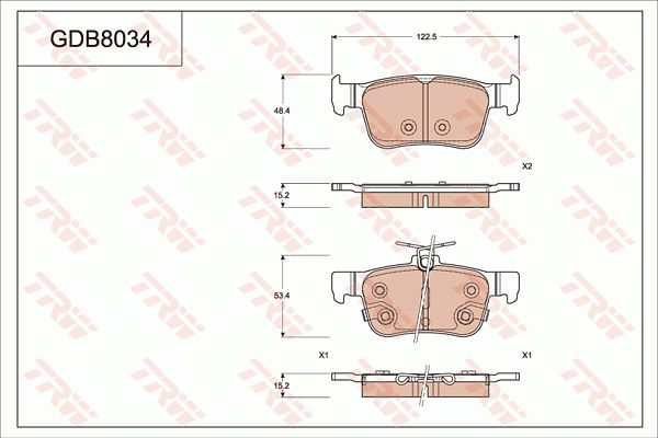 长安 CS55 2018款 1.5T 自动炫彩型 国V(JL476ZQCD) TRW GDB8034 后刹车片 长度（毫米）:122,5;厚度（毫米）:15,2;高度1 （毫米）:48,4;高度2（毫米）:53,4;EAN编码:3322938377151 