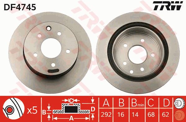 日产 奇骏 2015款 2.5L CVT领先MAX版 4WD(QR25DE) TRW DF4745 后刹车盘 制动盘类型:通风盘;直径（毫米）:292;制动盘厚度（毫米）:16;最小厚度（毫米）:14;孔的数量1:5;高度（毫米）:62;孔所在圆周直径（毫米）:114,3;螺纹尺寸:12,8;定心直径（毫米）:68;颜色:黑色;表面:已油漆的;EAN编码:3322937563739;替换的文章:DF7213 