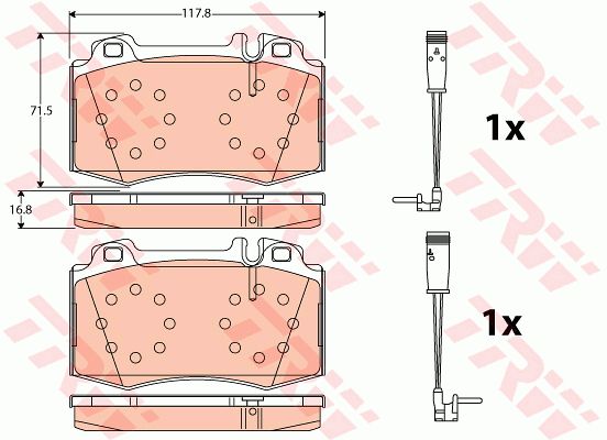 奔驰 E级(进口) 2020款 E 350 4MATIC 轿跑车(264920) TRW GDB1543 前刹车片 特定生产商:BREMBO;磨损报警触点:包括磨损报警触点;检测记号:E9 90R 01107/282;高度（毫米）:71,6;长度（毫米）:117,8;厚度（毫米）:17,2;EAN编码:3322937334483;倒角:有;消音片:4 + 2 (独立的) + 2 (独立的);磨损传感器:1 (独立的) + 1 (独立的) 