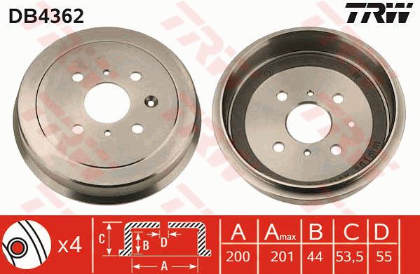 比亚迪 F0 2012款 1.0L 悦酷型(BYD371QA) TRW DB4362 后刹车盘 制动鼓直径:200;最大制动鼓镗孔直径（毫米）:201;Br.Tr.内部高度（毫米）:44;孔的数量1:4;孔所在圆周直径（毫米）:100;EAN编码:3322937559862 