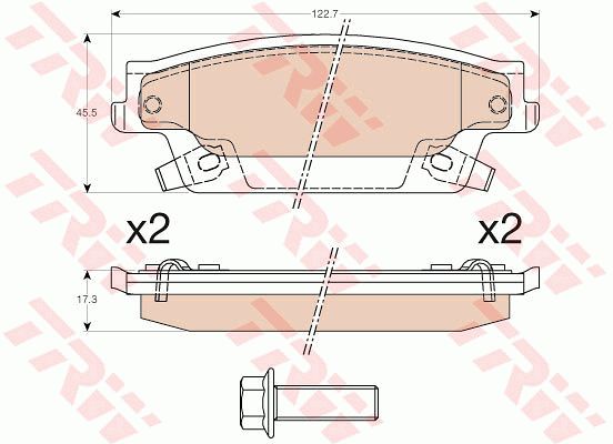 凯迪拉克 SRX 2011款 3.0L 豪华型(LF1) TRW GDB4452 后刹车片 特定生产商:WAGNER;长度（毫米）:122,70;高度（毫米）:45,50;厚度（毫米）:17,30;磨损报警触点:带磨损音频报警;补充件/补充信息:带附件;填充件/补充信息2:带制动钳螺栓;检测记号:E9 90R - 01120/1574;EAN编码:3322938186203;倒角:有;消音片:4;弹簧:4 