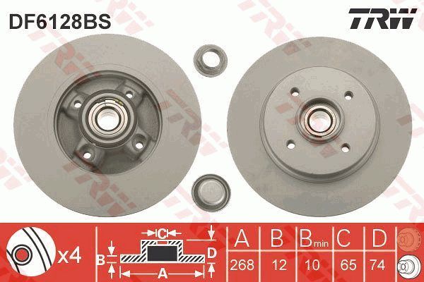 标致 3008 2015款 2.0L 自动经典版(PSA RFN 10LH3X) TRW DF6128BS 后刹车盘 制动盘类型:实心盘;直径（毫米）:268;制动盘厚度（毫米）:12;最小厚度（毫米）:10;孔的数量1:4;高度（毫米）:74;定心直径（毫米）:65;孔所在圆周直径（毫米）:108;螺纹尺寸:M14 x 1,5;填充件/补充信息2:带ABS传感器环;EAN编码:3322938091040 