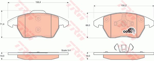 斯柯达 VISION S 2016款 Concept TRW GDB1605 前刹车片 特定生产商:ATE;磨损报警触点:不适用于装备了磨损报警指示器的车辆;检测记号:E9 90R - 01107/874;高度（毫米）:71,4;长度（毫米）:156,4;厚度（毫米）:19;高度2（毫米）:66;长度2（毫米）:155,2;EAN编码:3322937390113;倒角:有;消音片:2 + 2;弹簧:2 