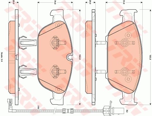 奥迪 A6L 2017款 45 TFSI quattro 运动型(CTD) TRW GDB1897 前刹车片 特定生产商:ATE;长度（毫米）:193,0;高度1 （毫米）:73,8;高度2（毫米）:70,8;厚度（毫米）:20,0;磨损报警触点:包括磨损报警触点;【每根车桥]磨损显示器的数量:2;报警接触长度（毫米）:310;检测记号:E9 90R - 01107/2923;注意技术数据:;EAN编码:3322938079246;倒角:有;消音片:2 + 2;弹簧:4 + 4;磨损传感器:2 (独立的) 