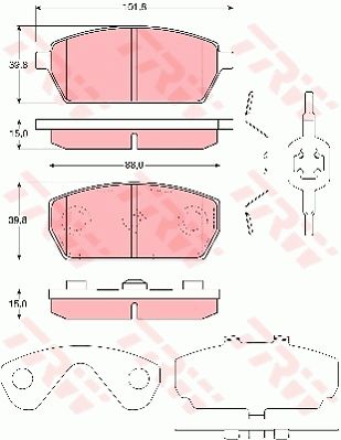 一汽 佳宝T50 2011款 1.0L加长型(DA465QA) TRW GDB3234 前刹车片 长度（毫米）:88,0;高度（毫米）:39,8;厚度（毫米）:15,0;磨损报警触点:不适用于装备了磨损报警指示器的车辆;补充件/补充信息:带附件;EAN编码:3322937264841;开槽:有;倒角:有;消音片:2 (独立的) + 2 (独立的);弹簧:2 (独立的) 