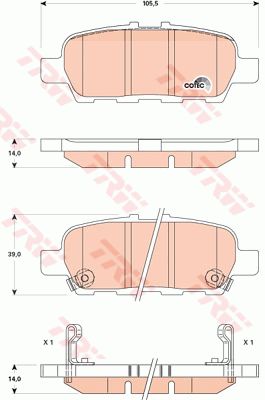 日产 奇骏 2015款 2.5L CVT领先MAX版 4WD(QR25DE) TRW GDB3508 后刹车片 特定生产商:AKEBONO;长度（毫米）:105,5;高度（毫米）:39,0;厚度（毫米）:14,0;磨损报警触点:带磨损音频报警;检测记号:E9 90R - 01120/551;EAN编码:3322938070960;开槽:有;倒角:有;消音片:2 + 2;弹簧:2 