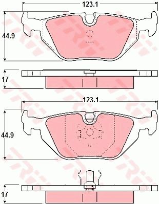 荣威 荣威750 2007款 2.5L 典雅版AT(25K4F) TRW GDB1189 后刹车片 特定生产商:ATE;磨损报警触点:用于已装配磨损报警指示器的;检测记号:E1 90R 01025/178;高度（毫米）:44,9;长度（毫米）:123,1;厚度（毫米）:17;EAN编码:3322936411895;消音片:2 + 2;弹簧:2;铆钉:2 
