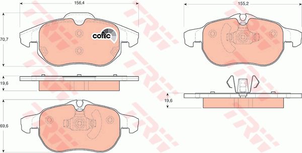 萨博 Saab 9000 1998款 基本型 TRW GDB1613 前刹车片 特定生产商:ATE;磨损报警触点:用于已装配磨损报警指示器的;检测记号:E9 90R - 01107/569;高度（毫米）:70,7;长度（毫米）:156,4;厚度（毫米）:19,6;高度2（毫米）:69,6;长度2（毫米）:155,2;运转方向被锁定:;EAN编码:3322937393442;替换的文章:GDB1492;替换的文章:GDB1657;替换的文章:GDB1686;消音片:1 + 1 + 2;弹簧:2 