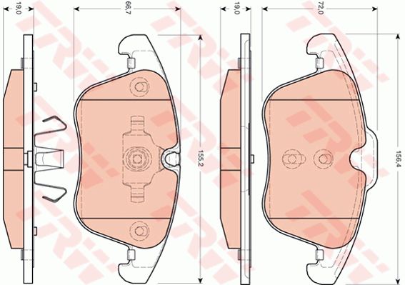 荣威 荣威Ei5 2018款 互联网豪华版(TZ204XS85K02(电动机)) TRW GDB1705 前刹车片 特定生产商:ATE;厚度（毫米）:19,0;长度1（毫米）:156,4;长度2（毫米）:155,2;高度1 （毫米）:72,0;高度2（毫米）:66,7;磨损报警触点:用于已装配磨损报警指示器的;检测记号:E9 90R - 01107/1434;EAN编码:3322937562848;替换的文章:GDB7722;倒角:有;消音片:2 + 2;弹簧:2 