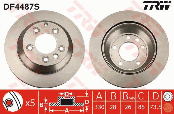 大众 途锐 2015款 3.0TSI R-Line 豪华型(CJT) TRW DF4487S 后刹车盘 制动盘类型:通风盘;直径（毫米）:330;制动盘厚度（毫米）:28;最小厚度（毫米）:26;孔的数量1:5;高度（毫米）:73,5;定心直径（毫米）:85;孔所在圆周直径（毫米）:130;螺纹尺寸:15,4;制动鼓直径:210;生产方式:深度渗碳的;颜色:黑色;表面:已油漆的;EAN编码:3322937542956 