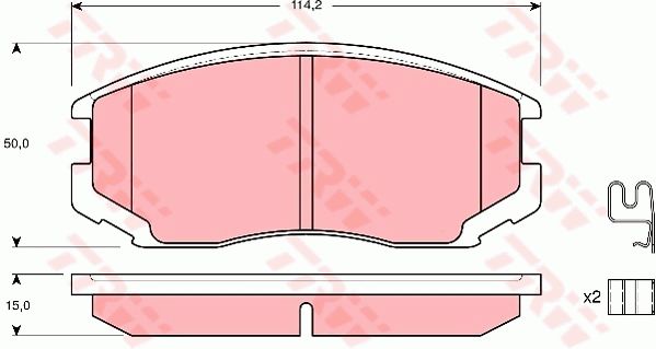 众泰 5008 2010款 1.3L 手动豪华型(4G13S1) TRW GDB3214 前刹车片 特定生产商:SUMITOMO;长度（毫米）:114,2;高度（毫米）:50,0;厚度（毫米）:15,0;磨损报警触点:带磨损音频报警;补充件/补充信息:带附件;检测记号:E9 90R 01107/118;EAN编码:3322937242139;替换的文章:GDB7732;开槽:有;倒角:有;消音片:2 + 2;弹簧:2 (独立的) 