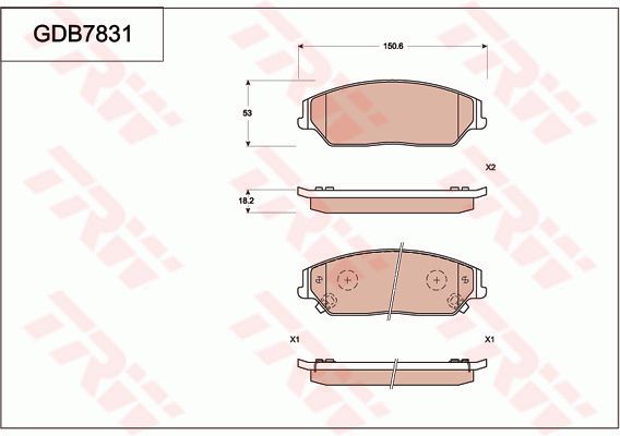 野马汽车 野马EC30 2018款 R350 超值版 TRW GDB7831 前刹车片 长度（毫米）:151,3;厚度（毫米）:18,8;高度（毫米）:53,2;磨损报警触点:带磨损音频报警;EAN编码:3322937307388;开槽:有;倒角:有;消音片:4;弹簧:2 