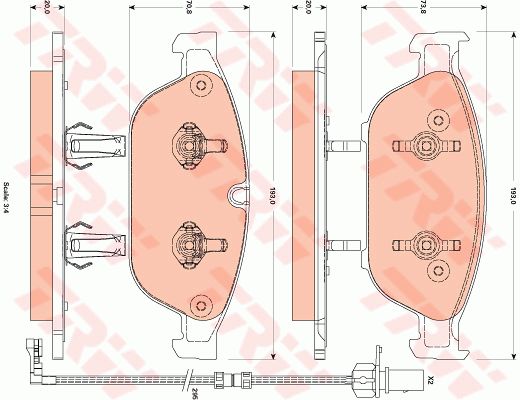 奥迪 A6L 2017款 45 TFSI quattro 运动型(CTD) TRW GDB1883 前刹车片 特定生产商:ATE;长度（毫米）:193,0;高度1 （毫米）:73,8;高度2（毫米）:70,8;厚度（毫米）:20,0;磨损报警触点:包括磨损报警触点;【每根车桥]磨损显示器的数量:2;报警接触长度（毫米）:295;检测记号:E9 90R - 01107/2923;注意技术数据:;EAN编码:3322938075064;替换的文章:GDB1897;消音片:2 + 2;弹簧:4 + 4;磨损传感器:2 (独立的) 