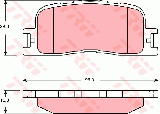 奇瑞 A5 2009款 1.5L 华贵版(SQR477F) TRW GDB3374 后刹车片 特定生产商:AKEBONO;磨损报警触点:不适用于装备了磨损报警指示器的车辆;高度（毫米）:38;长度（毫米）:93;厚度（毫米）:15,8;检测记号:E9 90R - 01120/1436;EAN编码:3322937393510;倒角:有;消音片:4 