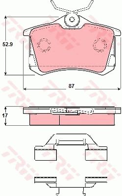 猎豹汽车 Mattu 2020款 1.6T DCT尊贵型(CE16) TRW GDB1416 后刹车片 特定生产商:TRW;长度（毫米）:87;高度（毫米）:52,9;厚度（毫米）:17;磨损报警触点:不适用于装备了磨损报警指示器的车辆;补充件/补充信息:带附件;检测记号:E9 90R 01120/457;EAN编码:3322937278558;消音片:4;弹簧:4 + 4 (独立的) 
