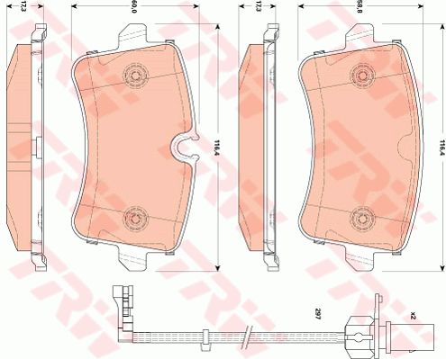 奥迪 A6L 2014款 35 FSI 豪华型(CNY) TRW GDB1866 后刹车片 特定生产商:TRW;长度（毫米）:116,4;高度1 （毫米）:58,8;高度2（毫米）:60,0;厚度（毫米）:17,3;磨损报警触点:包括磨损报警触点;【每根车桥]磨损显示器的数量:2;报警接触长度（毫米）:297;填充件/补充信息2:带制动钳螺栓;补充件/补充信息:带附件;检测记号:E9 90R - 01120/2358;注意技术数据:;EAN编码:3322938024109;倒角:有;消音片:4;弹簧:4 (独立的);磨损传感器:2 (独立的);螺栓:4 (独立的) 