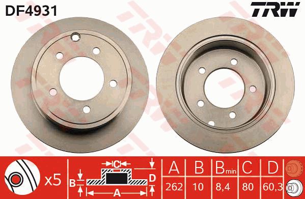 Jeep 指南者(进口) 2013款 2.4L 四驱豪华版(B) TRW DF4931 后刹车盘 表面:已油漆的;制动盘类型:实心盘;直径（毫米）:262;制动盘厚度（毫米）:10;最小厚度（毫米）:8,4;孔的数量1:5;高度（毫米）:60,3;定心直径（毫米）:80;孔所在圆周直径（毫米）:114,3;螺纹尺寸:12,6;制动鼓直径:168;颜色:黑色;EAN编码:3322937951079 