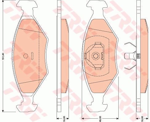 大众 高尔 2004款 1.6L 二十周年纪念版(BRZ) TRW GDB1776 前刹车片 特定生产商:ATE;长度（毫米）:151,4;高度（毫米）:49,0;厚度（毫米）:19,8;磨损报警触点:不适用于装备了磨损报警指示器的车辆;检测记号:E9 90R - 01107/158;EAN编码:3322937887606;倒角:有;消音片:2 + 2;弹簧:2;铆钉:2 