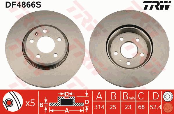 奥迪 A4L 2016款 35 TFSI 自动运动型(CUJ) TRW DF4866S 前刹车盘 制动盘类型:通风盘;直径（毫米）:314;制动盘厚度（毫米）:25;最小厚度（毫米）:23;高度（毫米）:52,4;孔的数量1:5;定心直径（毫米）:68;孔所在圆周直径（毫米）:112;螺纹尺寸:15,3;生产方式:深度渗碳的;颜色:黑色;表面:已油漆的;EAN编码:3322937928804 