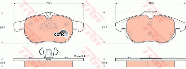 萨博 Saab 9000 1998款 基本型 TRW GDB1492 前刹车片 特定生产商:ATE;磨损报警触点:用于已装配磨损报警指示器的;检测记号:E9 90R 01107/569;高度（毫米）:71;长度（毫米）:156,5;厚度（毫米）:20,3;EAN编码:3322937300518;消音片:2 + 2;弹簧:2 