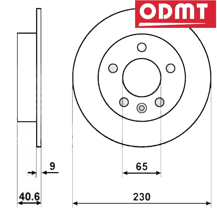 大众 POLO 2012款 1.4TSI GTI(CFB) 北京欧顿麦田 OD-340C  HM61165 后刹车盘 直径:230;节圆直径:100;中心孔直径:65;制动盘厚度:9;最小厚度:7;固定孔数量:5;定位孔数量:1;总高:39.4;制动盘类型:实心盘 